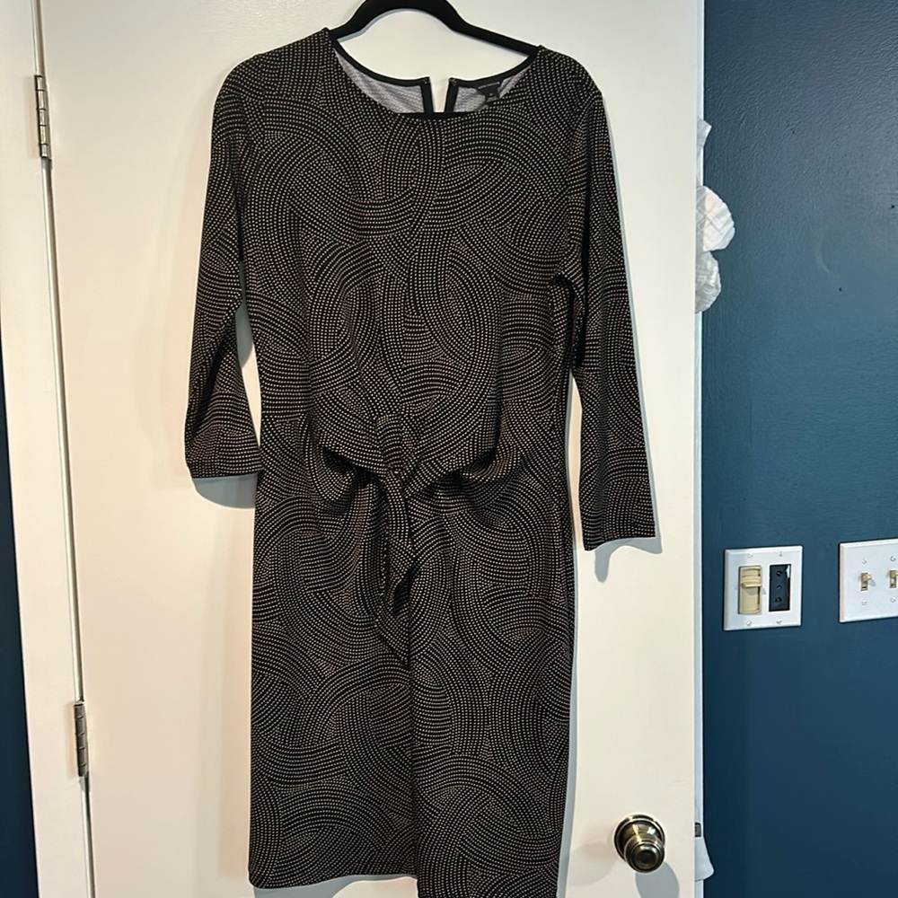 Black print jersey dress with faux tie front